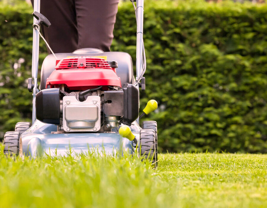 A red lawnmower cutting green grass in a garden.